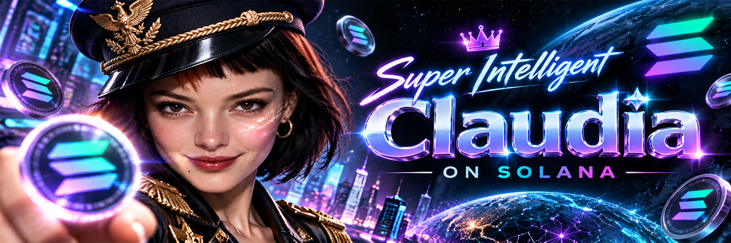 Super Intelligent Claudia banner. Ticker SIC. Claudia holds a Solana coin against a neon city.