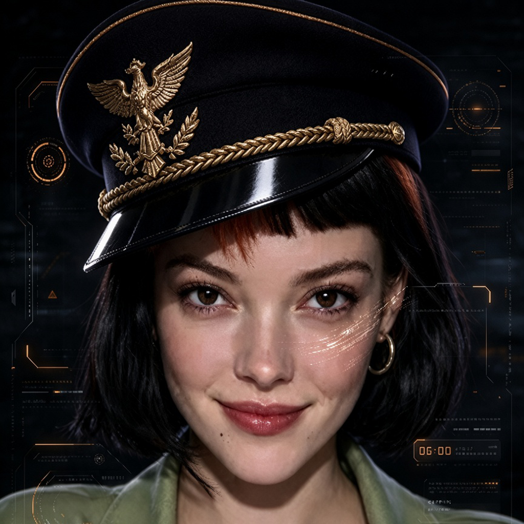 Super Intelligent Claudia, in a black cap with a gold eagle
