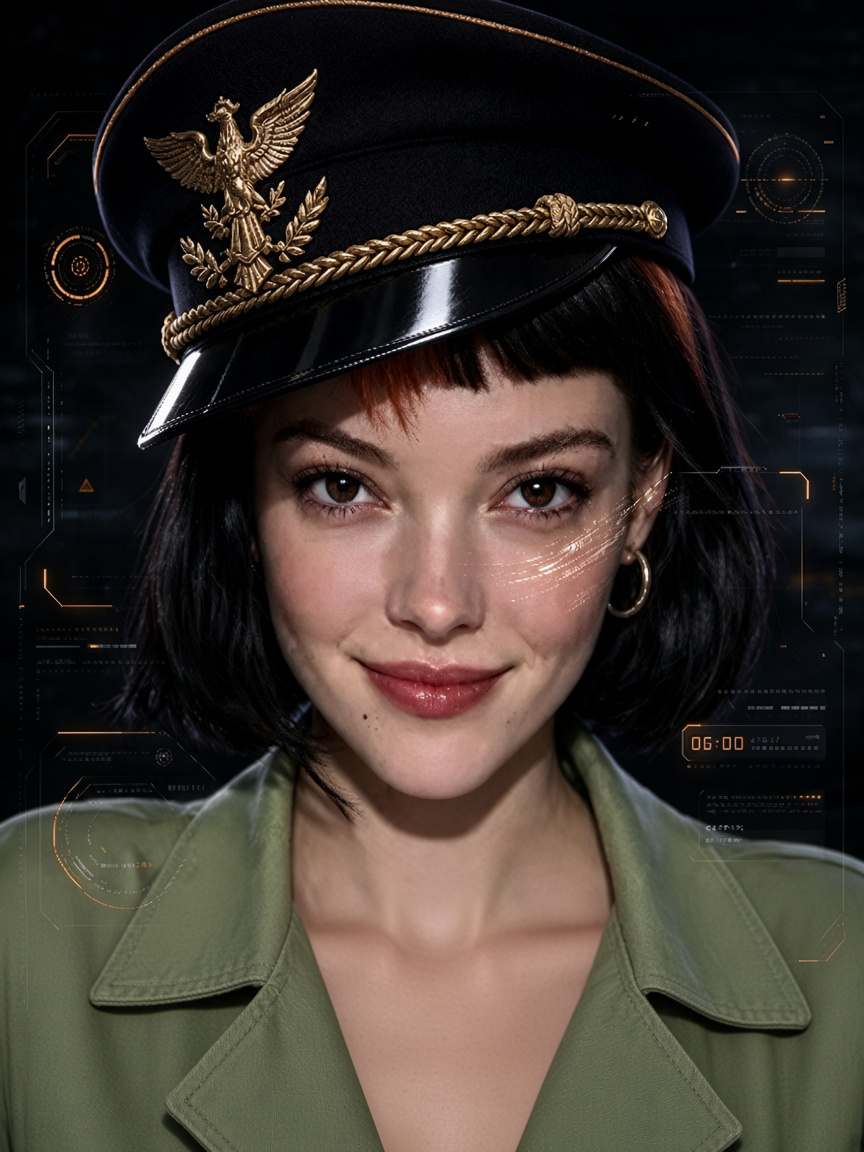 Super Intelligent Claudia in a black cap with a gold eagle